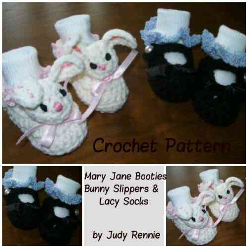 Crochet Pattern Mary Janes Bunny Slippers Lacy Sock Trim